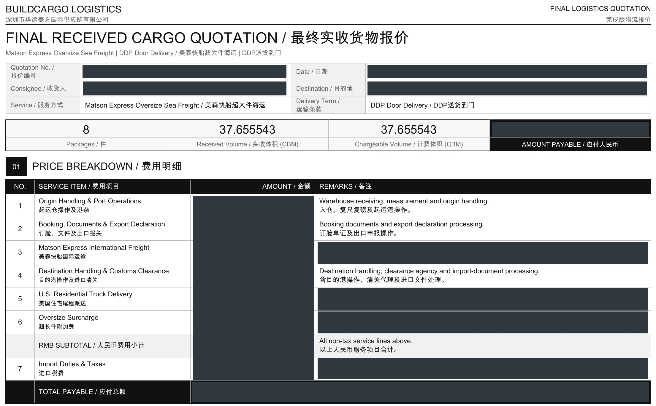 Complete anonymized final U.S. logistics quotation, retaining its cargo summary and seven cost categories while customer details, amounts and commercial calculations are obscured.